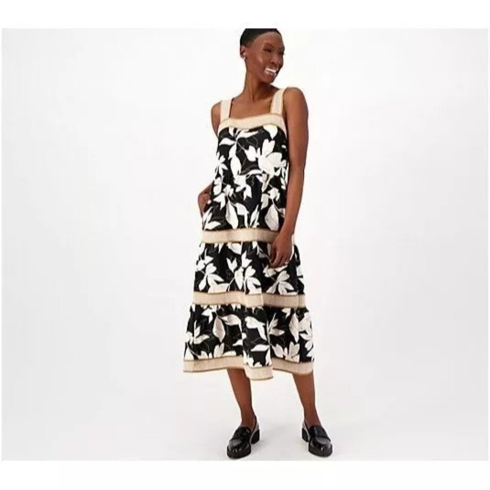 Isaac Mizrahi Live! Women's Tropical Tiered Midi Dress 6 Black Sundress A598246